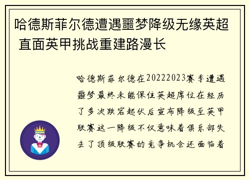 哈德斯菲尔德遭遇噩梦降级无缘英超 直面英甲挑战重建路漫长