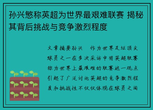 孙兴慜称英超为世界最艰难联赛 揭秘其背后挑战与竞争激烈程度 孙兴慜称英超为世界最艰难联赛 揭秘其背后挑战与竞争激烈程度