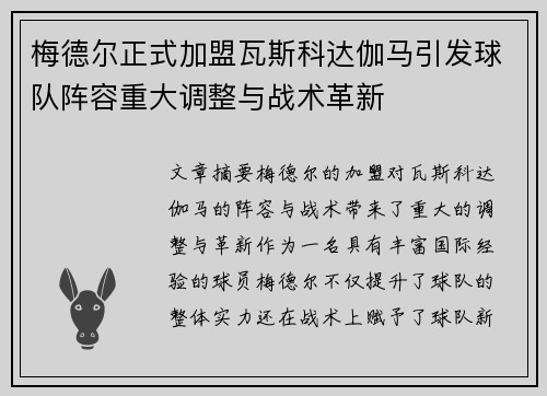 梅德尔正式加盟瓦斯科达伽马引发球队阵容重大调整与战术革新